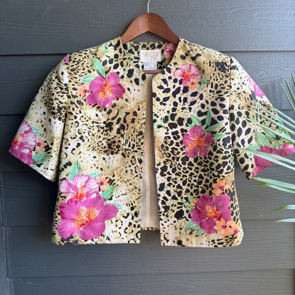 Silk Club 100% Silk Floral Leopard Print Open Front‎ Jacket Petite Vintage